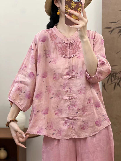 Women Summer Ethnic Flower Spliced Ramie Shirt XX1016 Ada Fashion