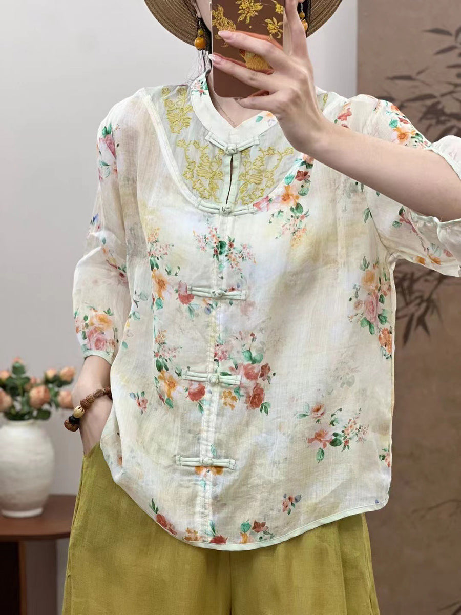 Women Summer Ethnic Flower Spliced Ramie Shirt XX1016 Ada Fashion