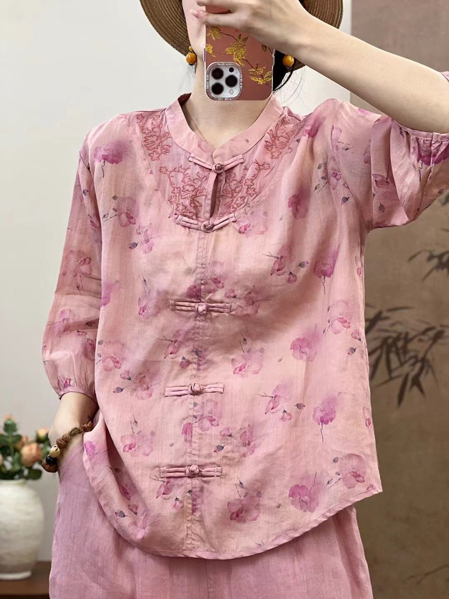 Women Summer Ethnic Flower Spliced Ramie Shirt XX1016 Ada Fashion