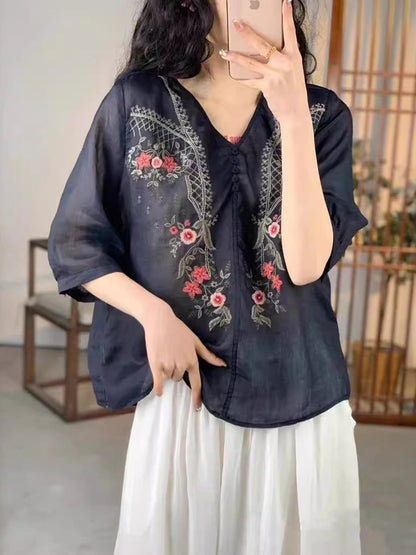 Women Vintage Floral Embroidery Ramie V-Neck Shirt XX1024 Ada Fashion