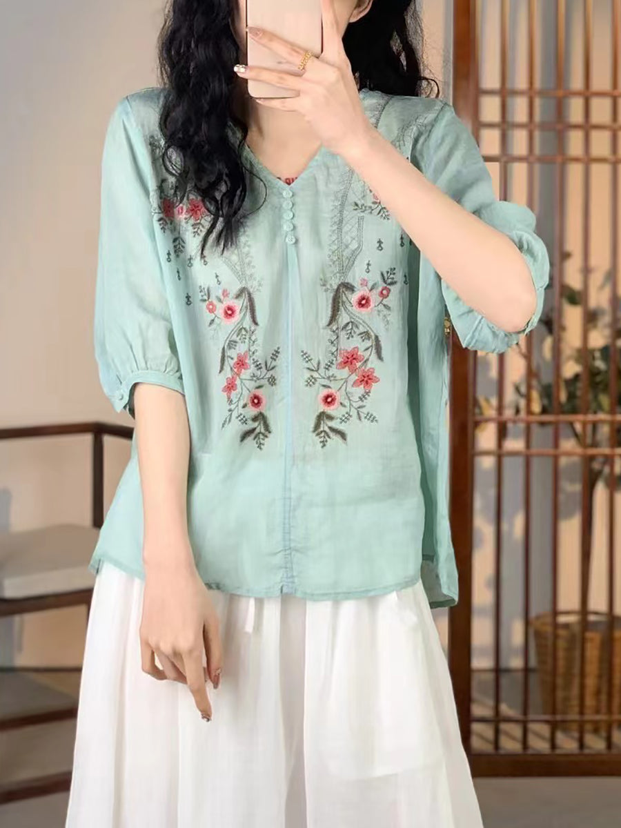 Women Vintage Floral Embroidery Ramie V-Neck Shirt XX1024 Ada Fashion