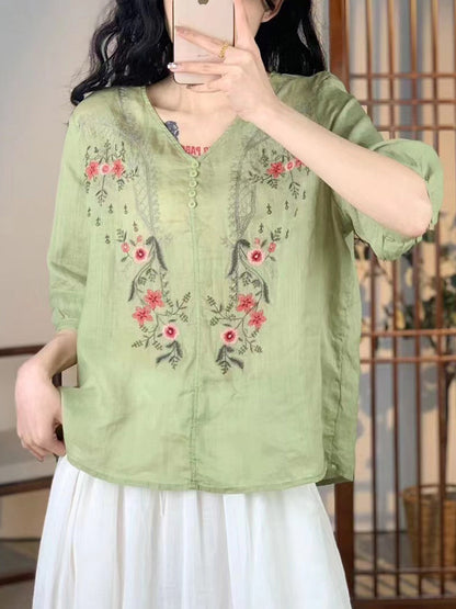 Women Vintage Floral Embroidery Ramie V-Neck Shirt XX1024 Ada Fashion