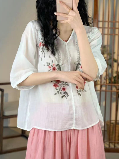 Women Vintage Floral Embroidery Ramie V-Neck Shirt XX1024 Ada Fashion