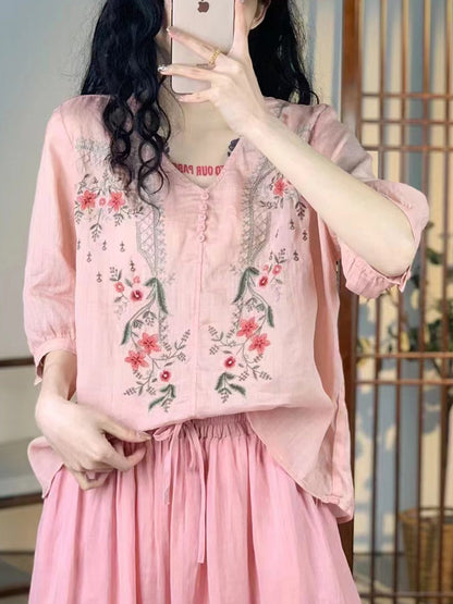 Women Vintage Floral Embroidery Ramie V-Neck Shirt XX1024 Ada Fashion