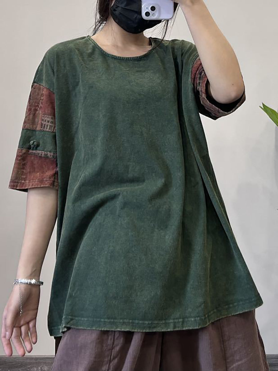 Women Retro Spliced Summer Loose O-Neck Shirt XX1031 Ada Fashion