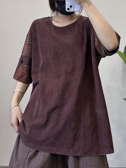 Women Retro Spliced Summer Loose O-Neck Shirt XX1031 Ada Fashion