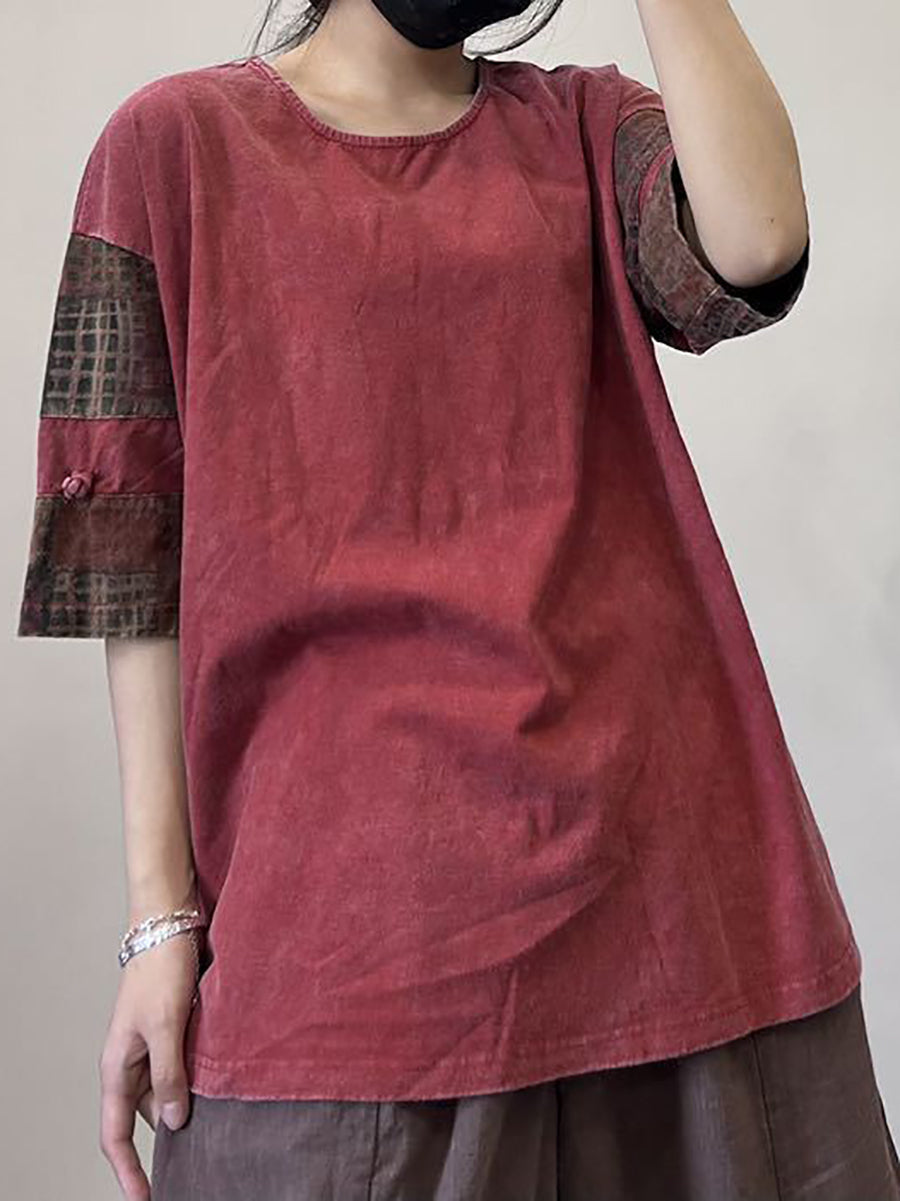 Women Retro Spliced Summer Loose O-Neck Shirt XX1031 Ada Fashion