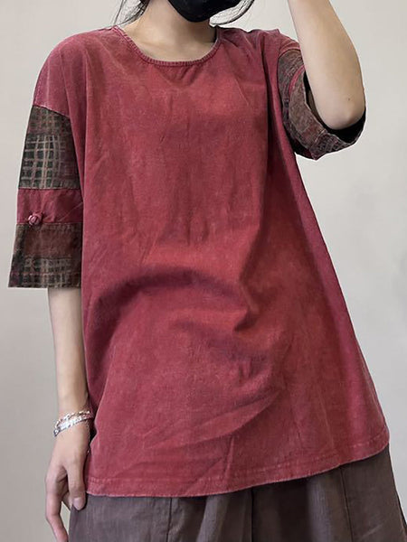 Women Retro Spliced Summer Loose O-Neck Shirt XX1031 Ada Fashion