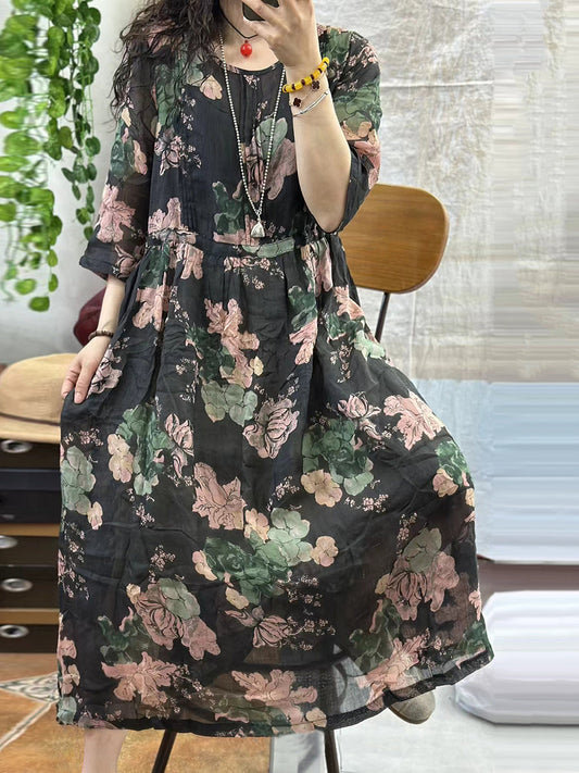 Women Summer Floral Artsy Strap Ramie Dress AA1001 Ada Fashion