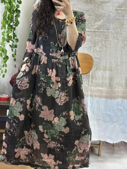 Women Summer Floral Artsy Strap Ramie Dress AA1001 Ada Fashion