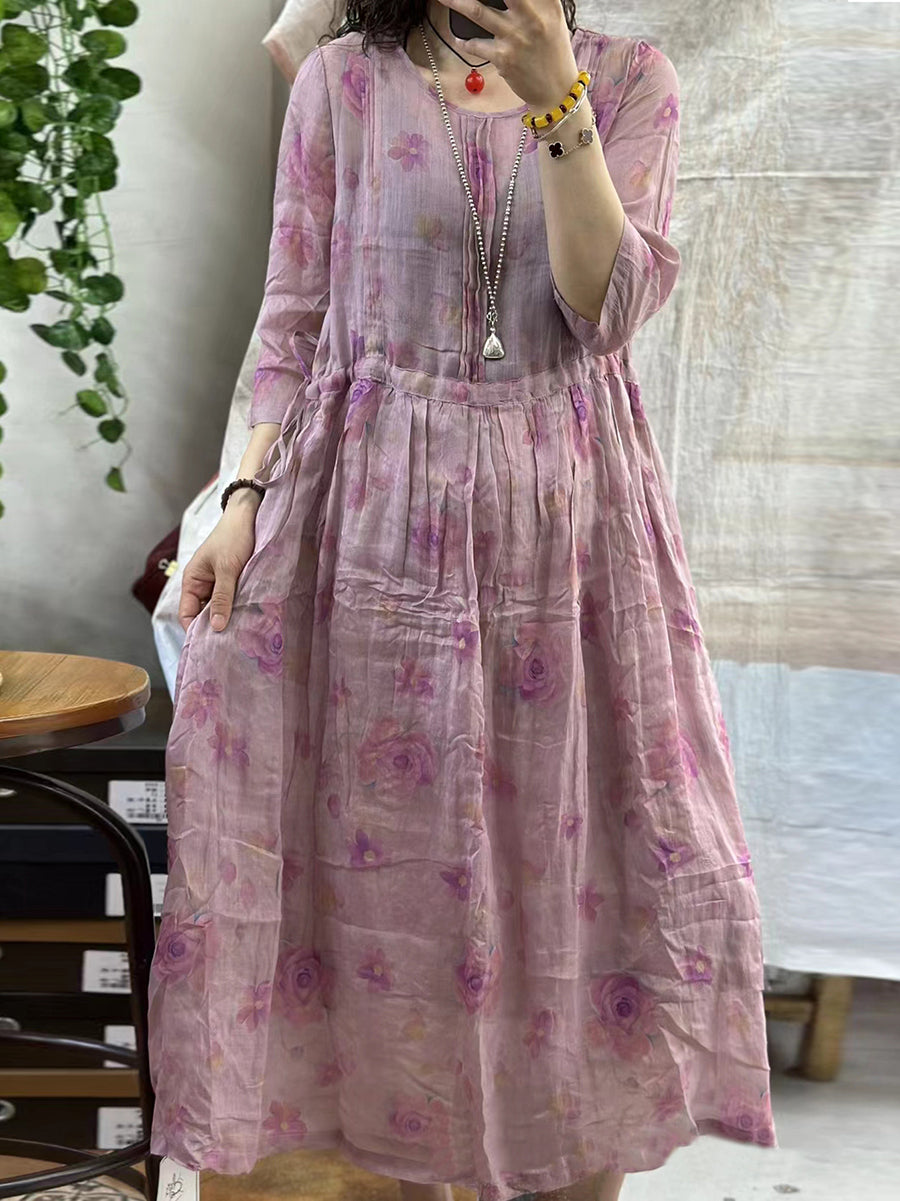 Women Summer Floral Artsy Strap Ramie Dress AA1001 Ada Fashion