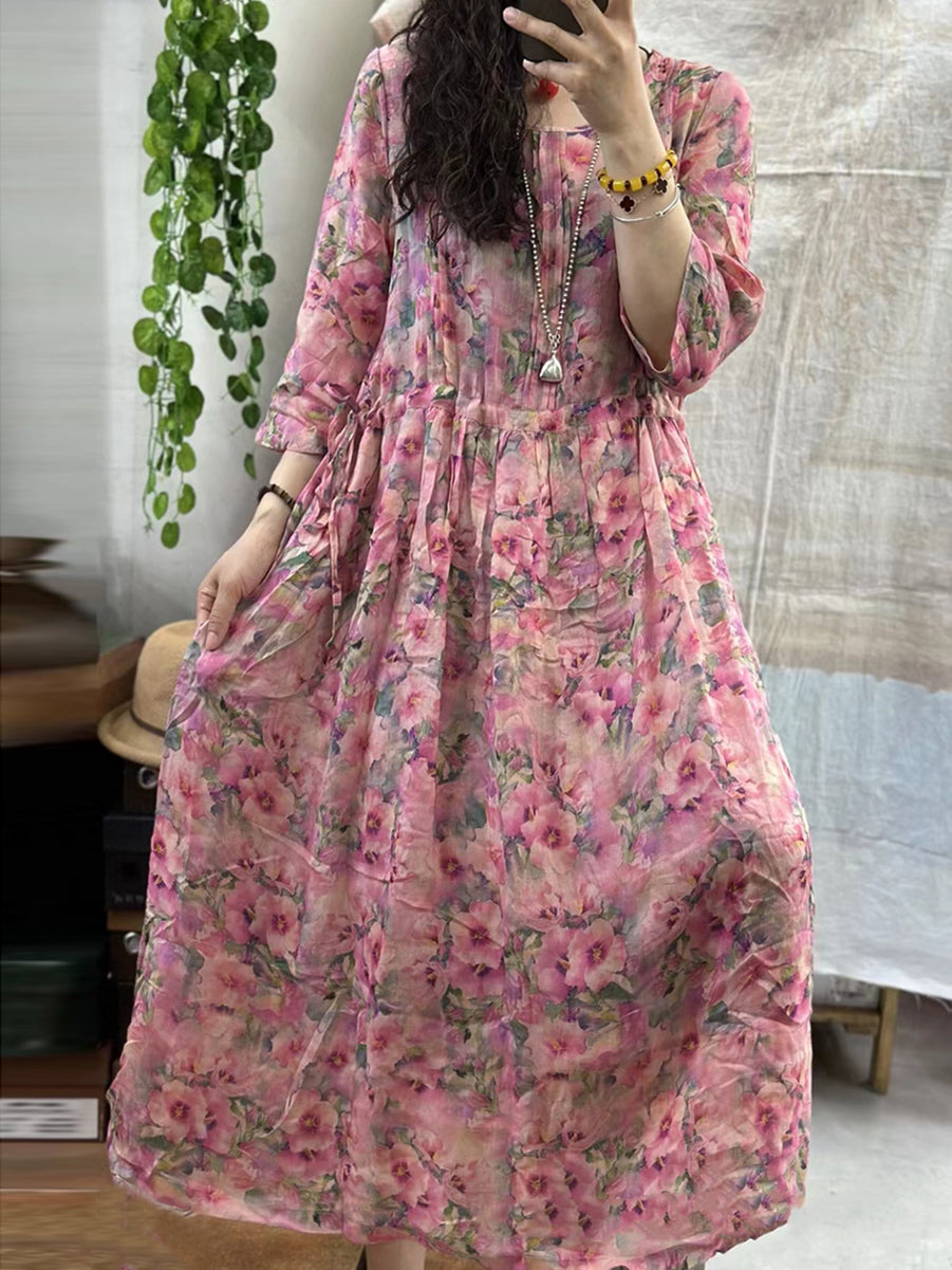 Women Summer Floral Artsy Strap Ramie Dress AA1001 Ada Fashion