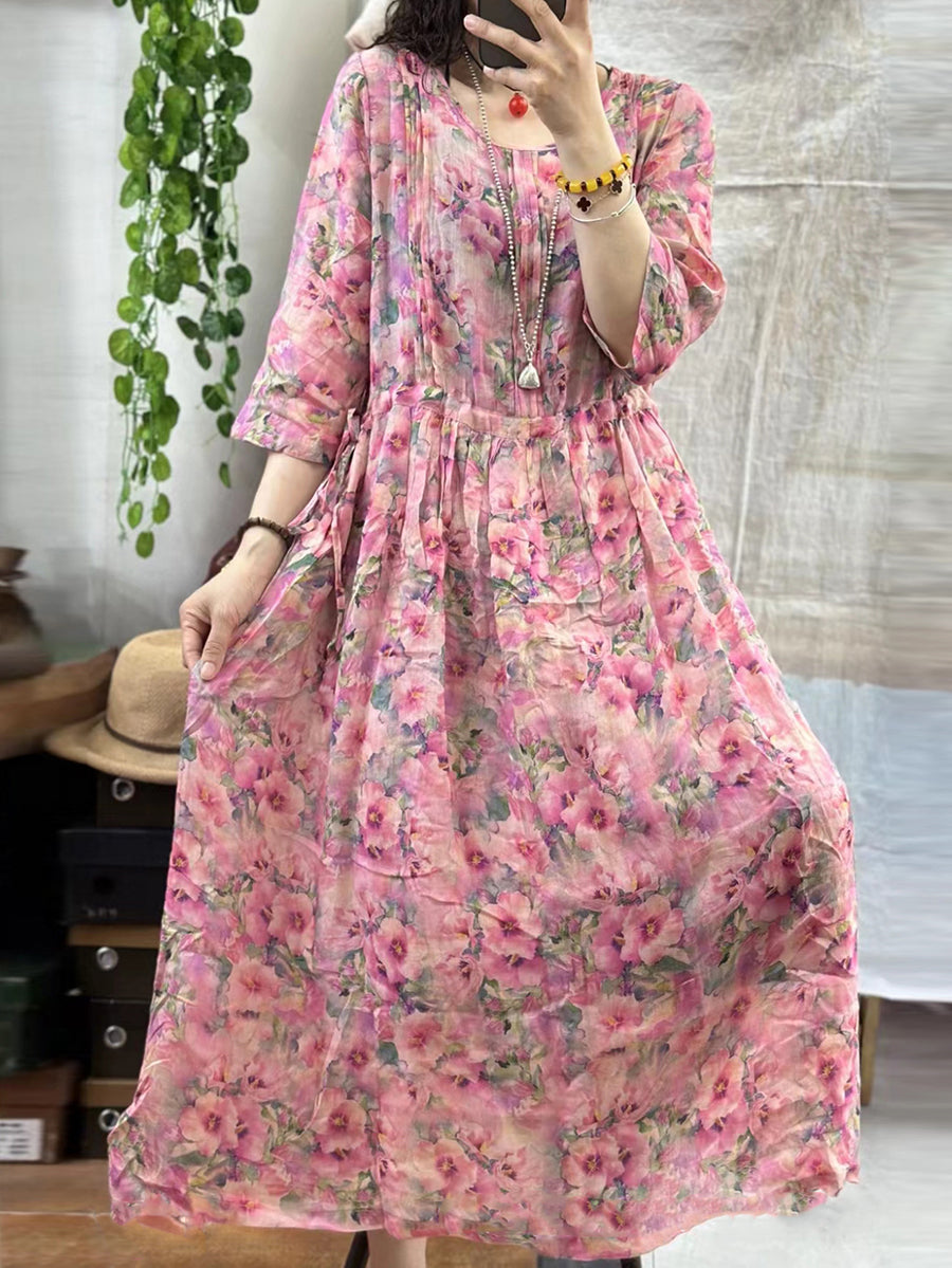 Women Summer Floral Artsy Strap Ramie Dress AA1001 Ada Fashion