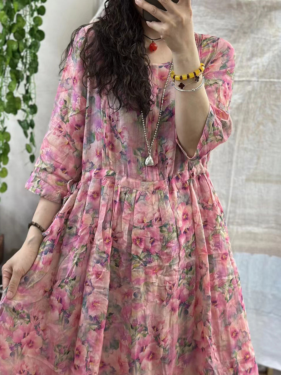 Women Summer Floral Artsy Strap Ramie Dress AA1001 Ada Fashion