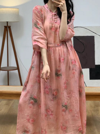 Women Summer Floral Vintage Stand Collar Ramie Dress AA1006 Ada Fashion