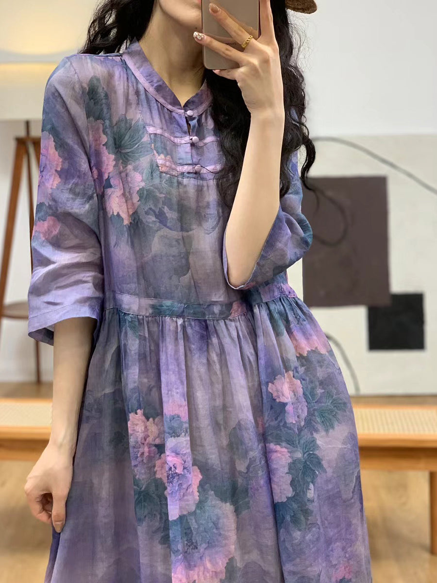 Women Summer Floral Vintage Stand Collar Ramie Dress AA1006 Ada Fashion