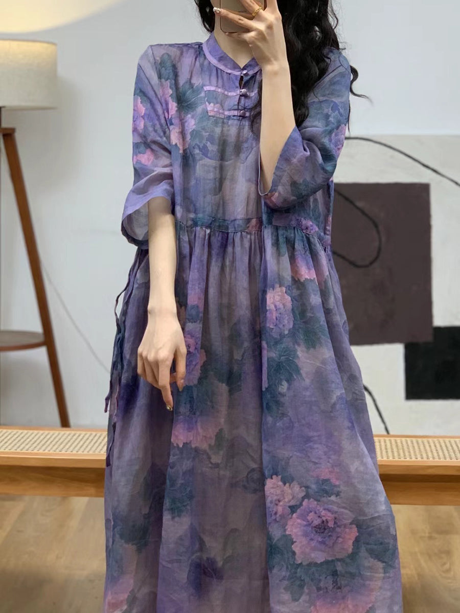 Women Summer Floral Vintage Stand Collar Ramie Dress AA1006 Ada Fashion