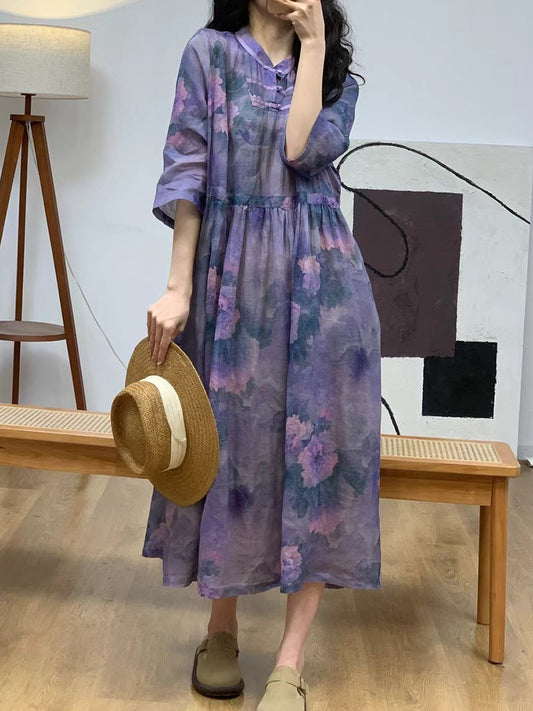 Women Summer Floral Vintage Stand Collar Ramie Dress AA1006 Ada Fashion