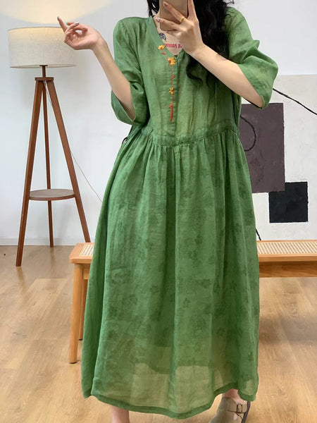 Women Summer Artsy Solid Jacquard Ramie Dress AA1008 Ada Fashion