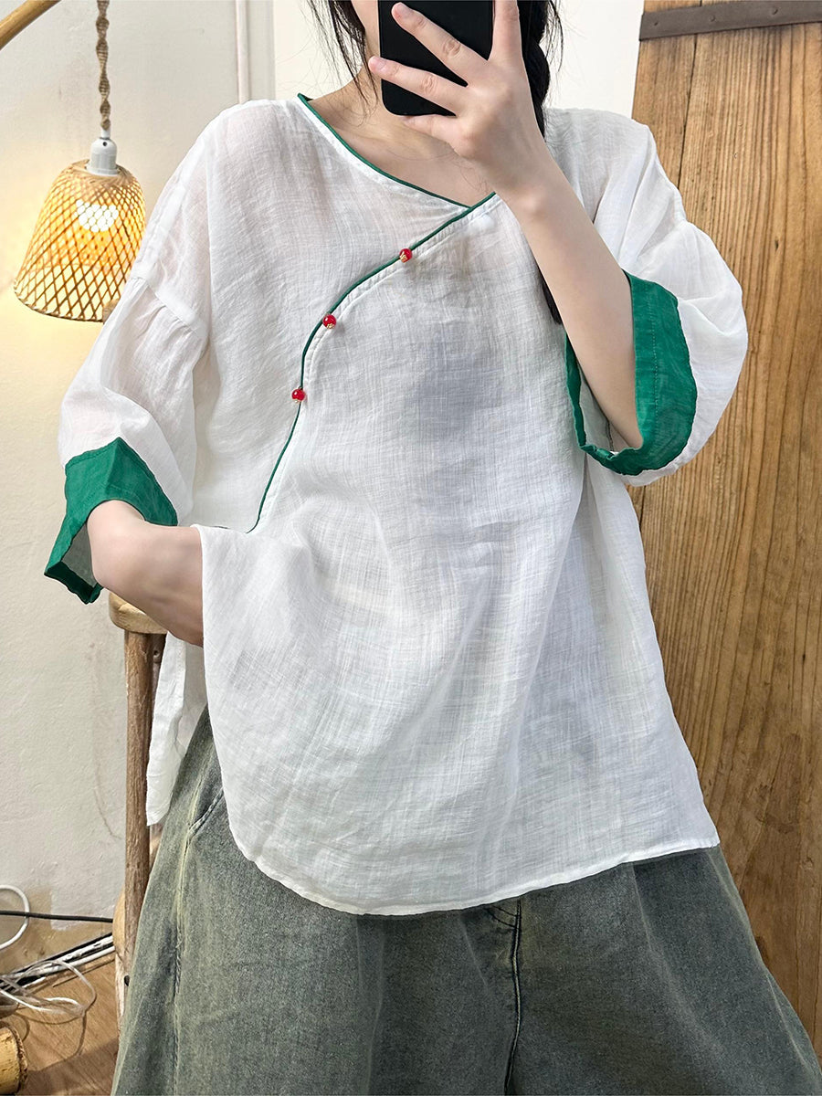 Women Summer Ethnic Colorblock Ramie Loose Shirt AA1009 Ada Fashion