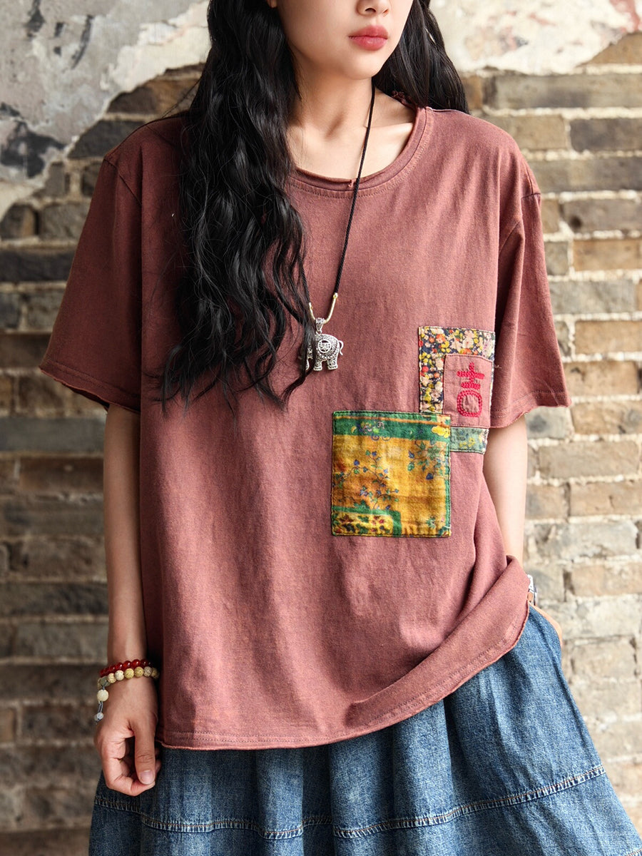 Women Vintage Patch Spliced Summer Cotton Shirt AA1011 Ada Fashion