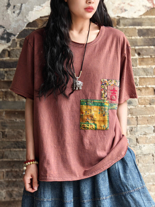 Women Vintage Patch Spliced Summer Cotton Shirt AA1011 Ada Fashion