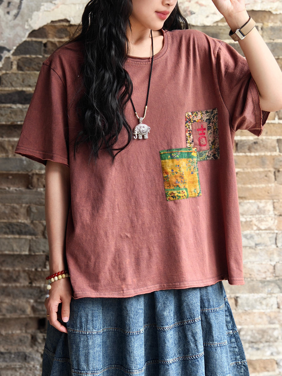 Women Vintage Patch Spliced Summer Cotton Shirt AA1011 Ada Fashion