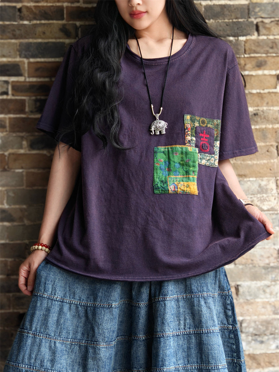 Women Vintage Patch Spliced Summer Cotton Shirt AA1011 Ada Fashion