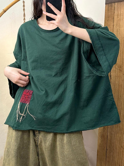 Women Vintage Patch Spliced Loose Cotton Shirt AA1018 Ada Fashion