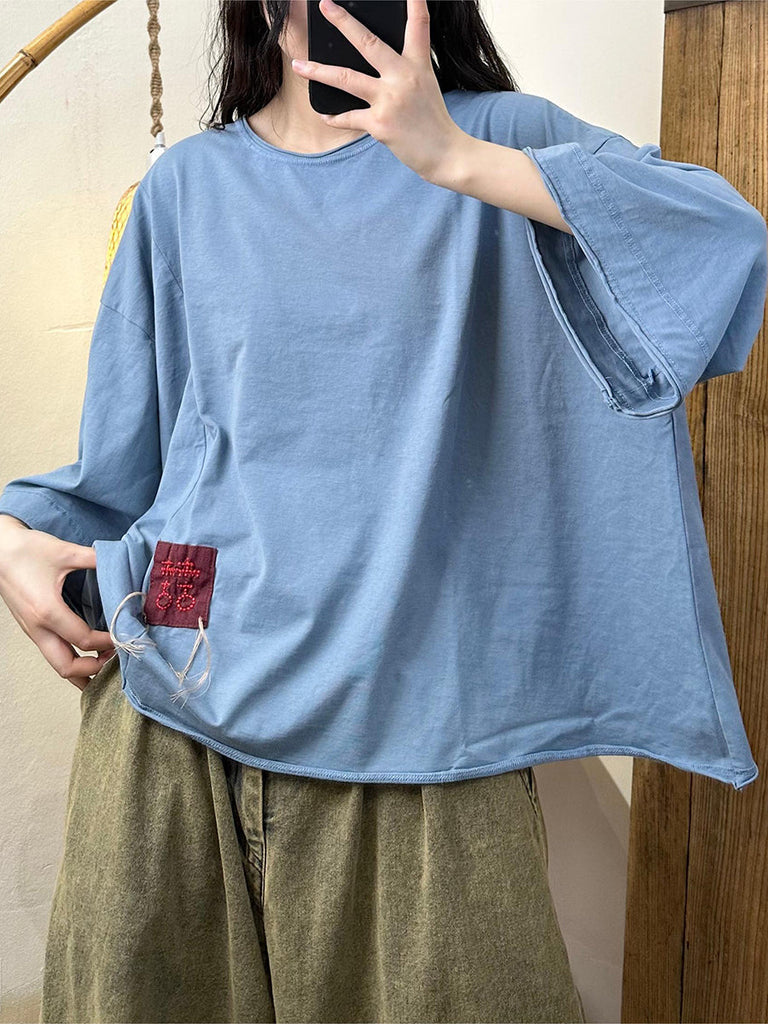 Women Vintage Patch Spliced Loose Cotton Shirt AA1018 Ada Fashion