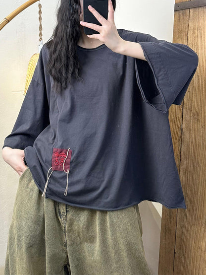 Women Vintage Patch Spliced Loose Cotton Shirt AA1018 Ada Fashion