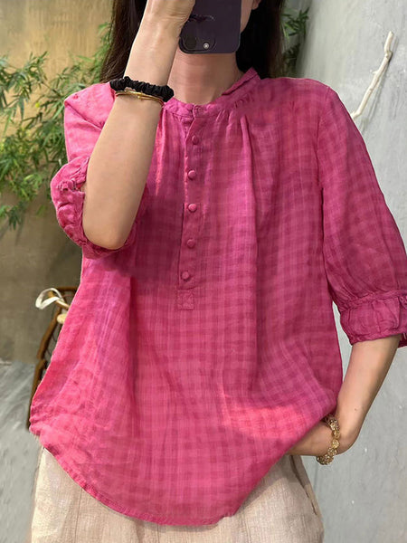 Plus Size Women Artsy Summer Plaid 100%Ramie Shirt AA1014 Ada Fashion