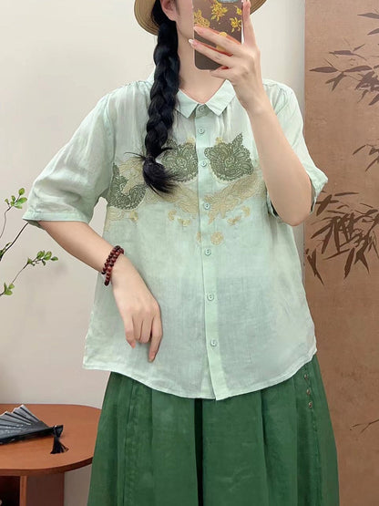 Women Summer Vintage Flower Embroidery Ramie Shirt AA1034 Ada Fashion