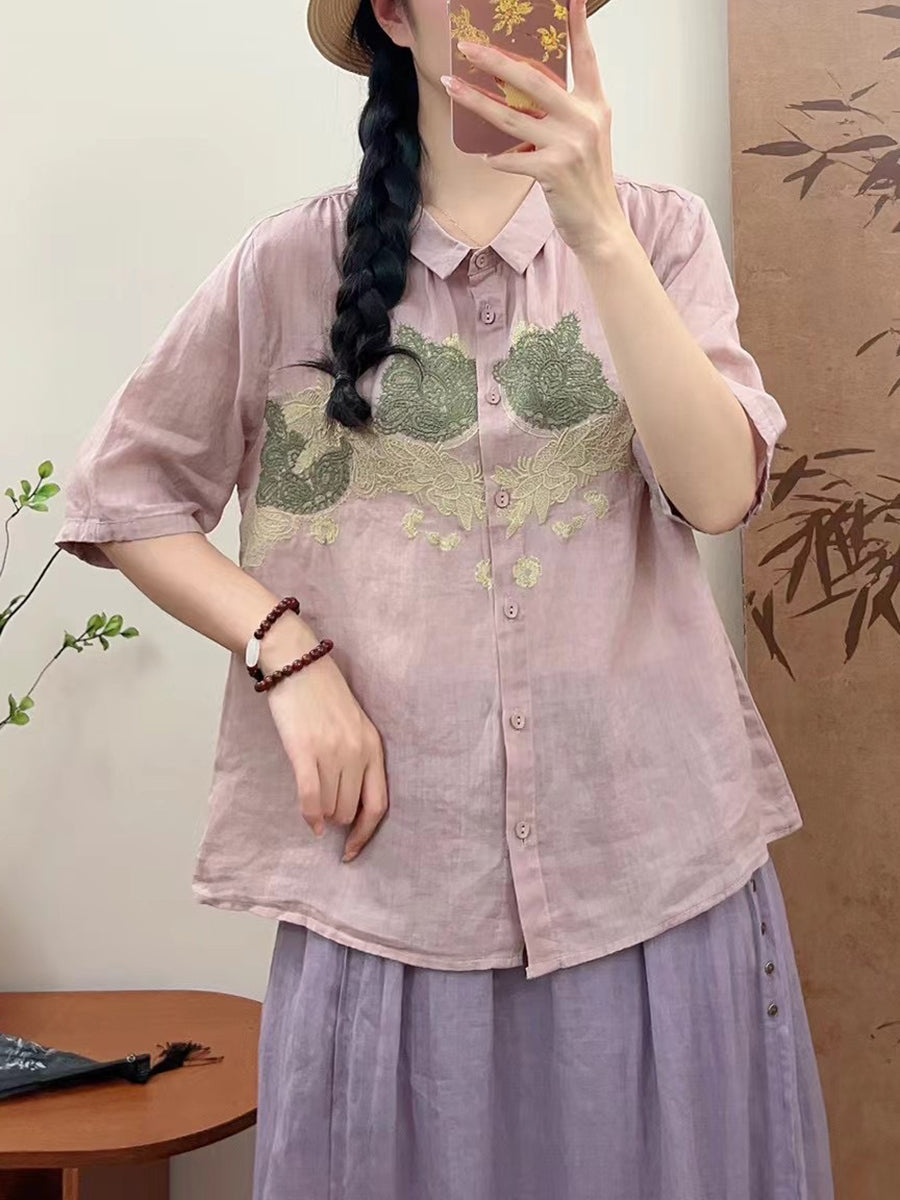 Women Summer Vintage Flower Embroidery Ramie Shirt AA1034 Ada Fashion