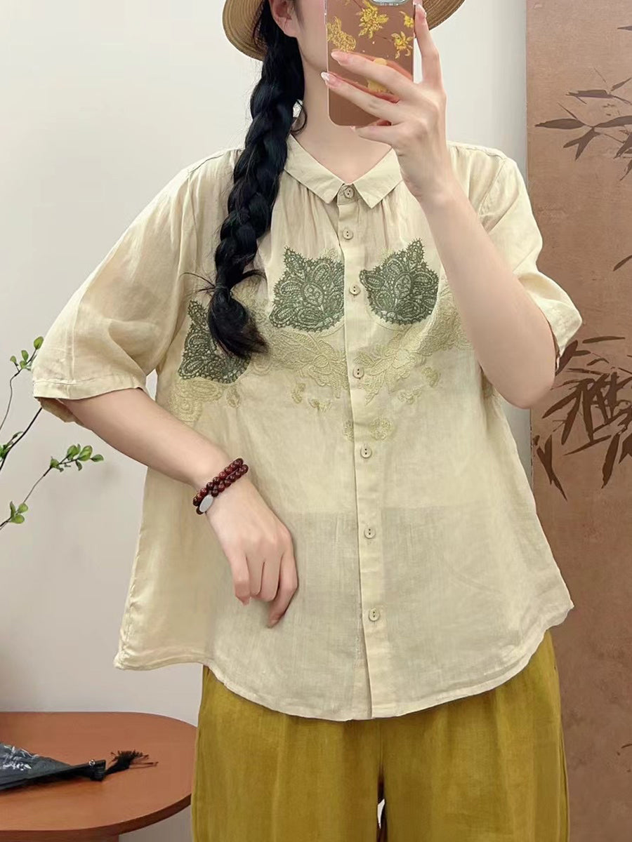 Women Summer Vintage Flower Embroidery Ramie Shirt AA1034 Ada Fashion