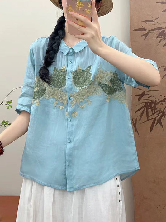 Women Summer Vintage Flower Embroidery Ramie Shirt AA1034 Ada Fashion