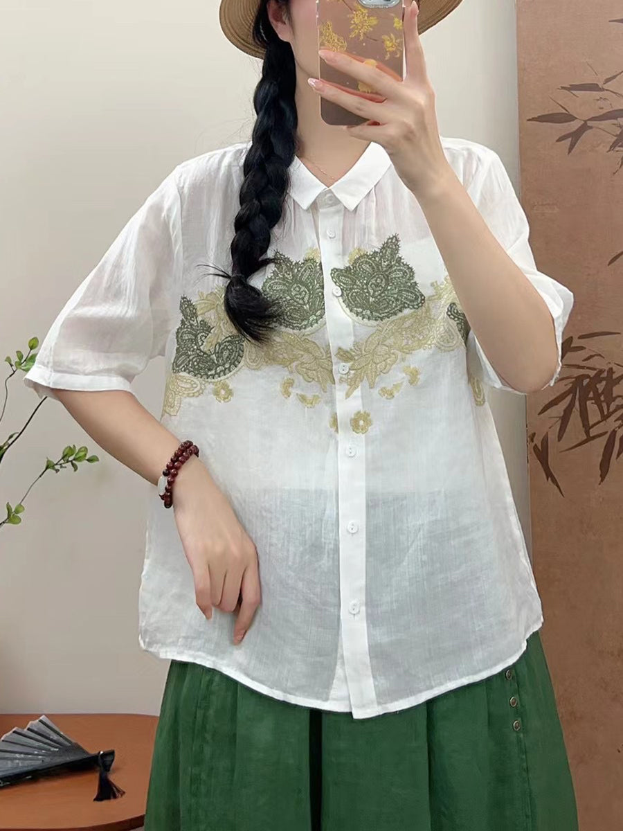 Women Summer Vintage Flower Embroidery Ramie Shirt AA1034 Ada Fashion