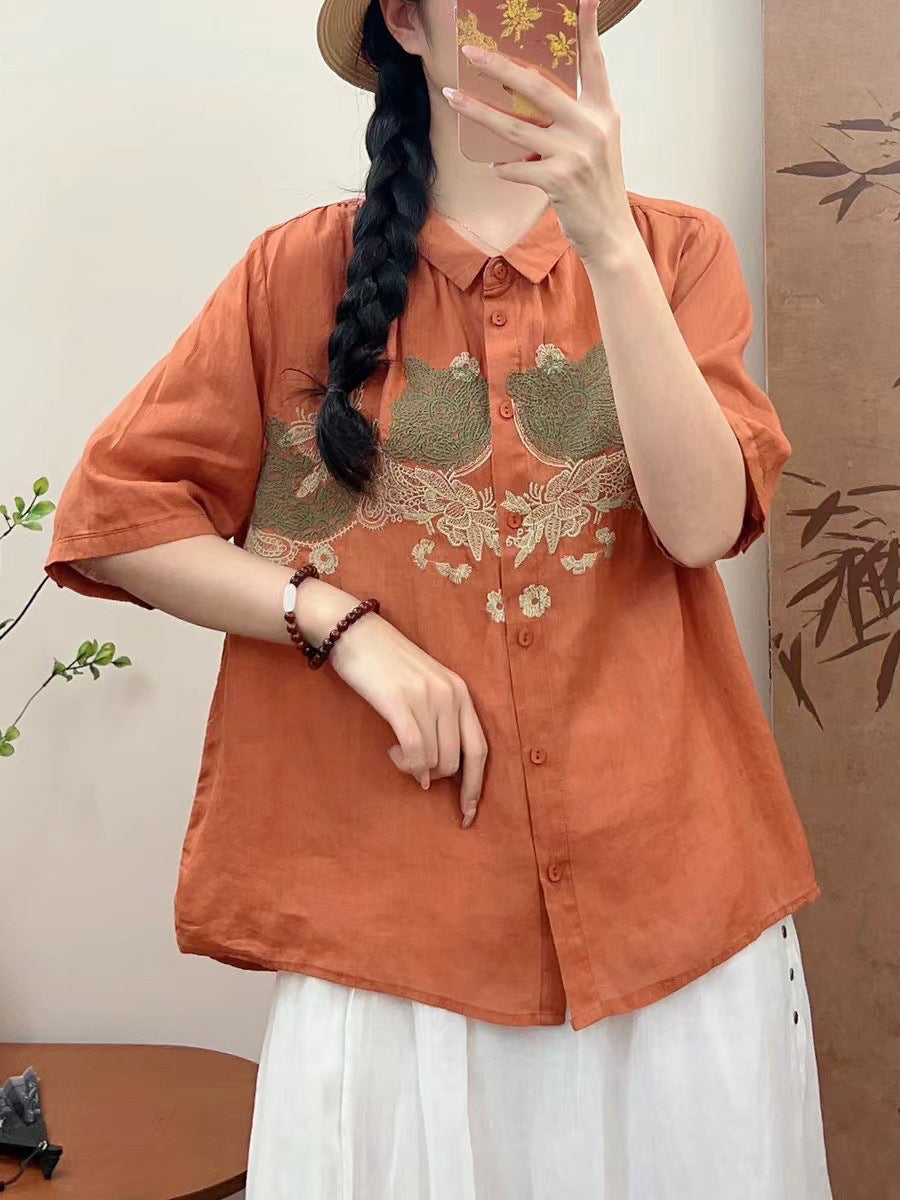 Women Summer Vintage Flower Embroidery Ramie Shirt AA1034 Ada Fashion