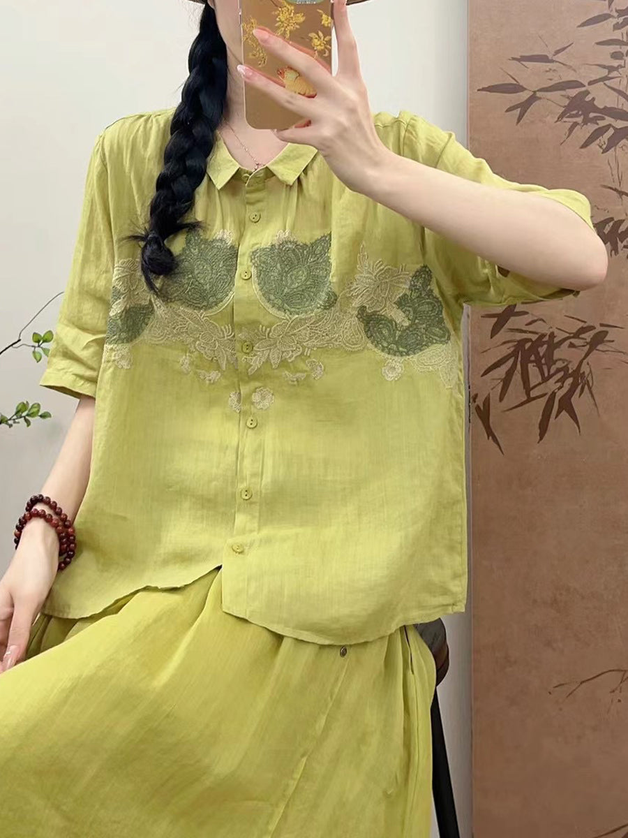 Women Summer Vintage Flower Embroidery Ramie Shirt AA1034 Ada Fashion