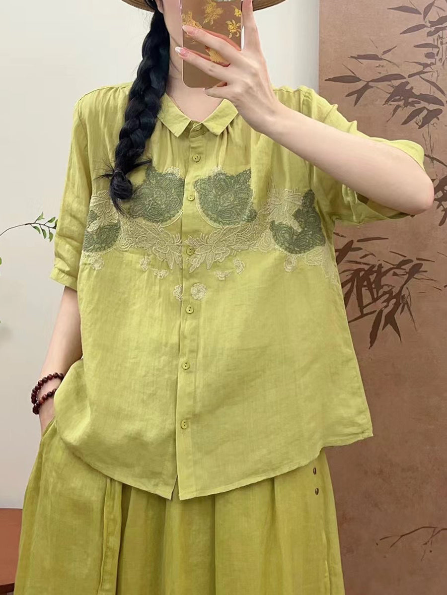 Women Summer Vintage Flower Embroidery Ramie Shirt AA1034 Ada Fashion