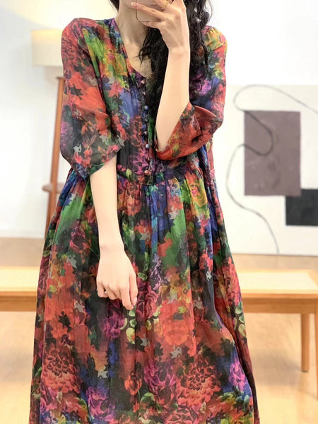 Women Artsy Floral Summer V-Neck Ramie Dress AA1036 Ada Fashion