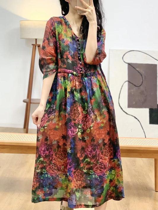 Women Artsy Floral Summer V-Neck Ramie Dress AA1036 Ada Fashion