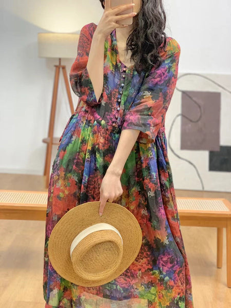 Women Artsy Floral Summer V-Neck Ramie Dress AA1036 Ada Fashion