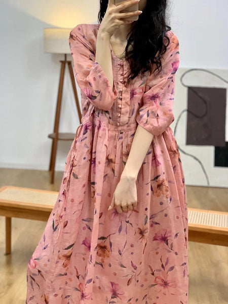 Women Artsy Floral Summer V-Neck Ramie Dress AA1036 Ada Fashion