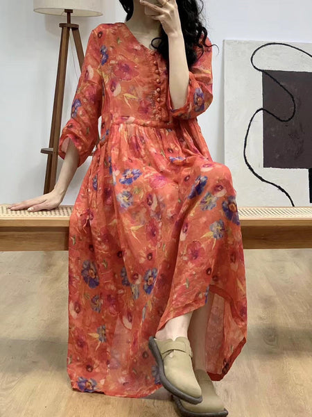 Women Artsy Floral Summer V-Neck Ramie Dress AA1036 Ada Fashion
