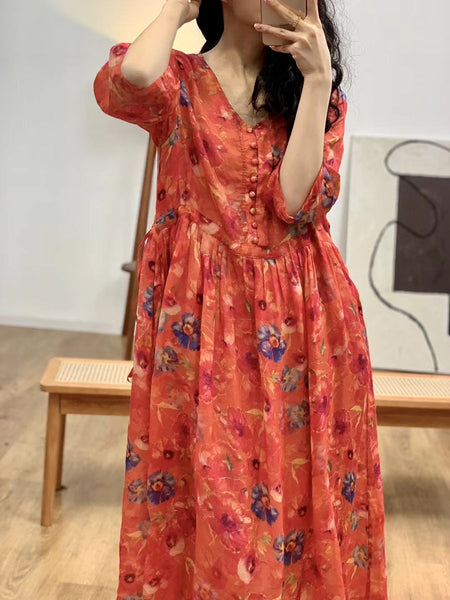 Women Artsy Floral Summer V-Neck Ramie Dress AA1036 Ada Fashion