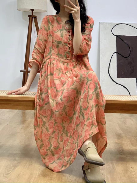 Women Artsy Floral Summer V-Neck Ramie Dress AA1036 Ada Fashion