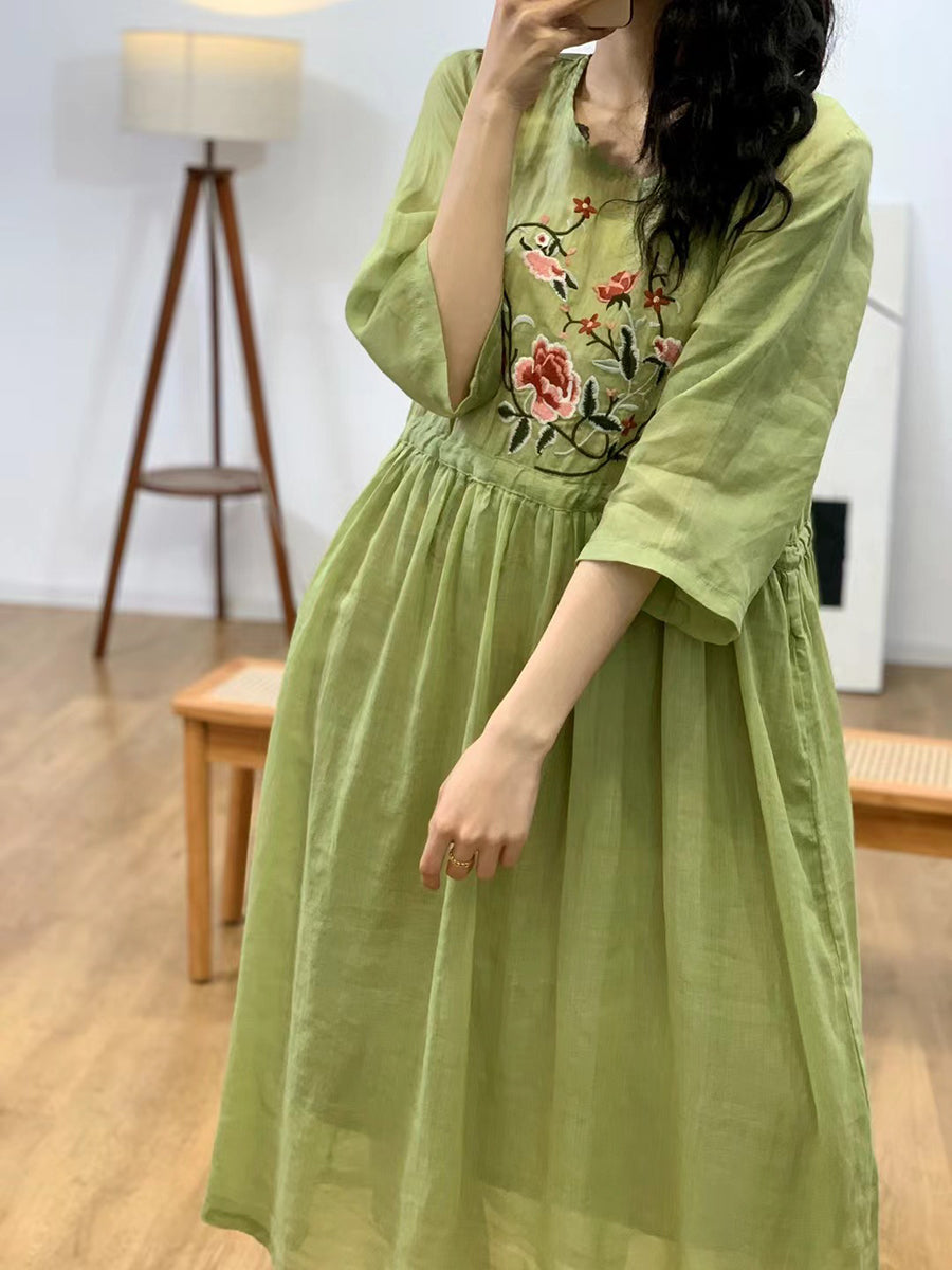 Women Summer Vintage Flower Embroidery Ramie Dress AA1044 Ada Fashion