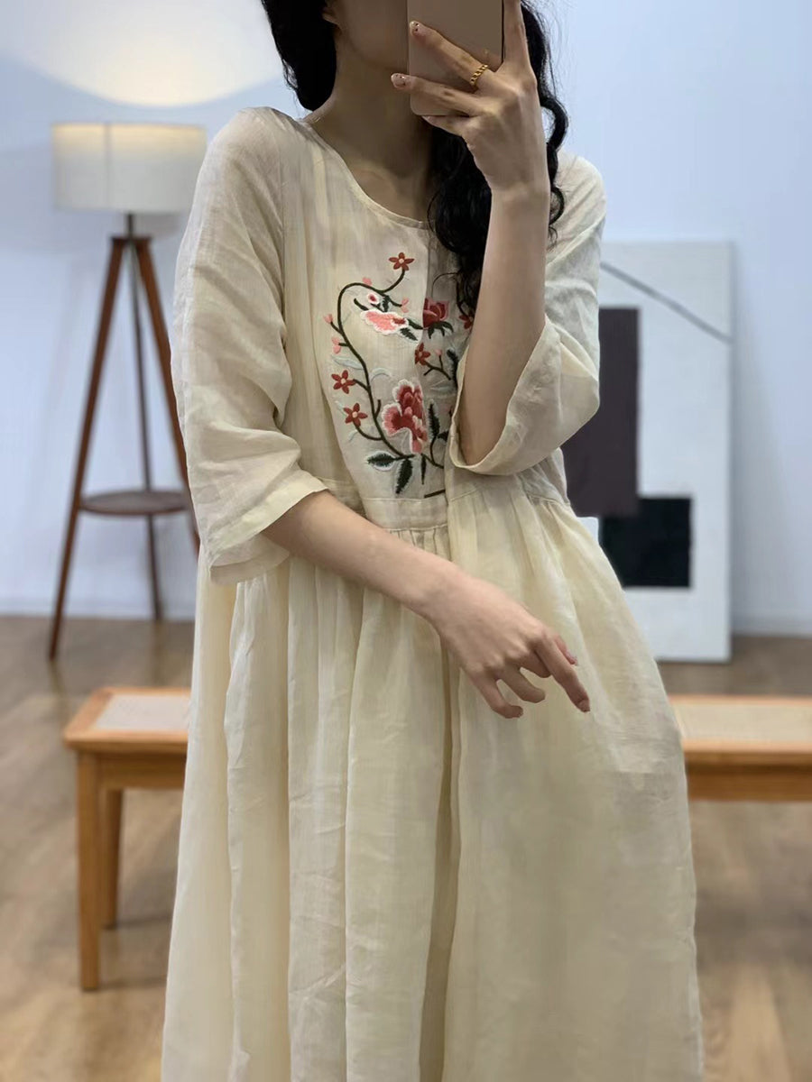 Women Summer Vintage Flower Embroidery Ramie Dress AA1044 Ada Fashion