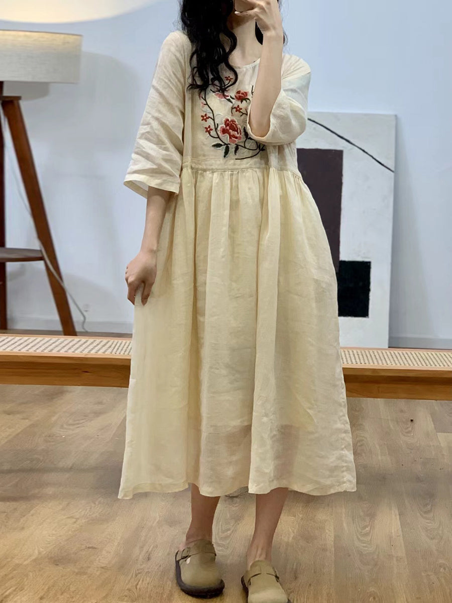 Women Summer Vintage Flower Embroidery Ramie Dress AA1044 Ada Fashion